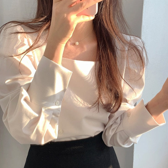 HziriP Gentle 2020 Square Collar All-Match Lantern Sleeves Casual High Quality Loose Office Lady Stylish Brief Women Shirts