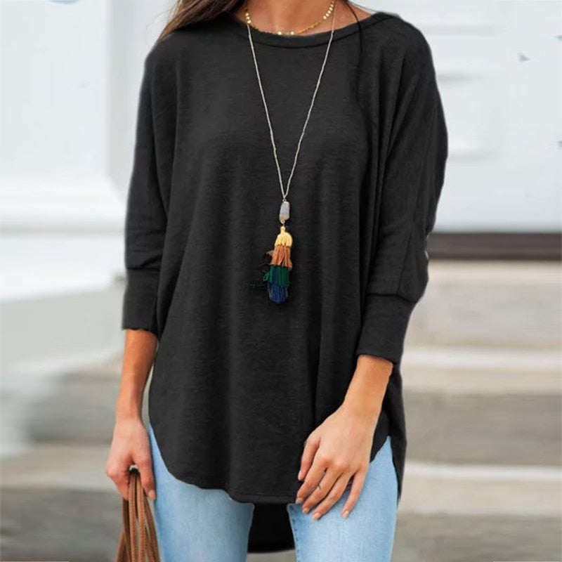 Solid Black Shirt Woman Casual Cotton O Neck Women's Tops And Blouses  Three Quarter Sleeve Irregular Women Blouses Tunic Autumn