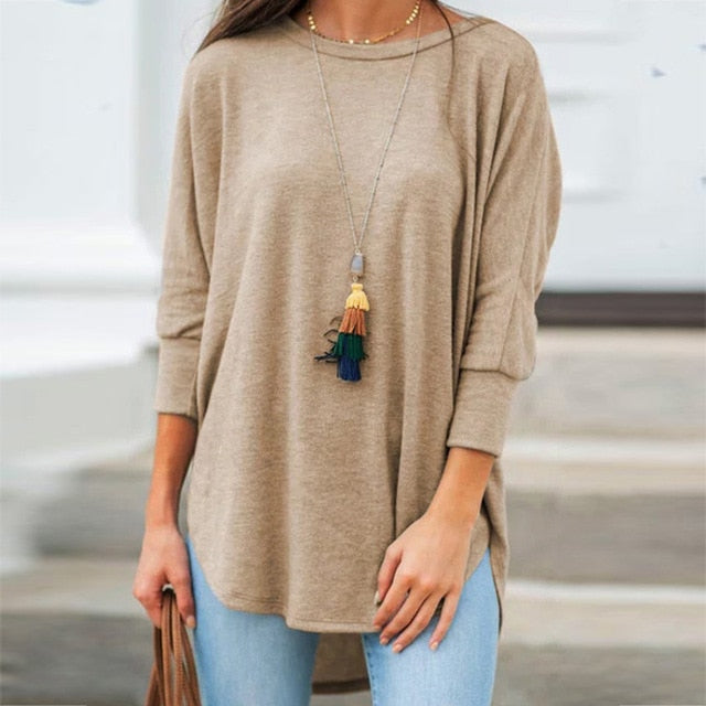 Solid Black Shirt Woman Casual Cotton O Neck Women's Tops And Blouses  Three Quarter Sleeve Irregular Women Blouses Tunic Autumn