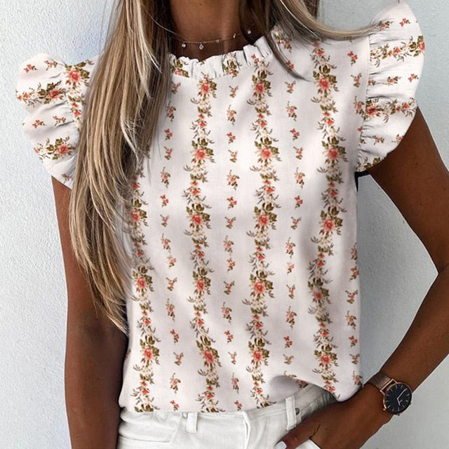 Elegant Pineapple Heart Print Ruffle blouse shirts Office Lady 2020 Summer Short Sleeve Slim Blouses women 3XL Casual O-neck top