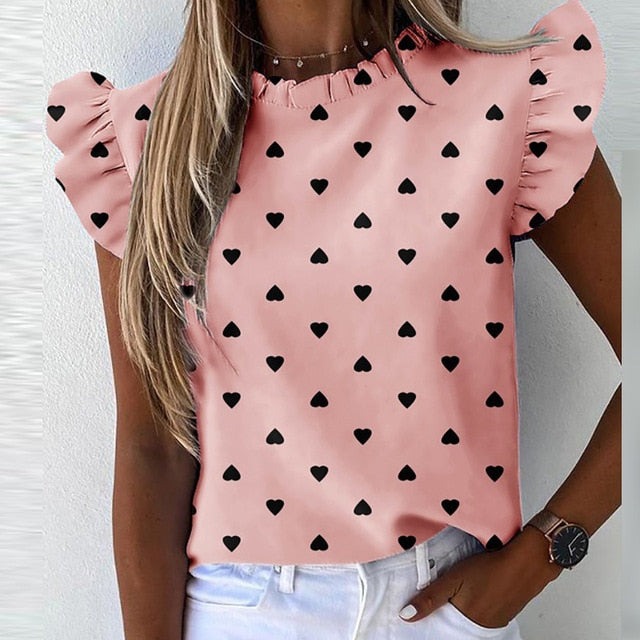 Elegant Pineapple Heart Print Ruffle blouse shirts Office Lady 2020 Summer Short Sleeve Slim Blouses women 3XL Casual O-neck top