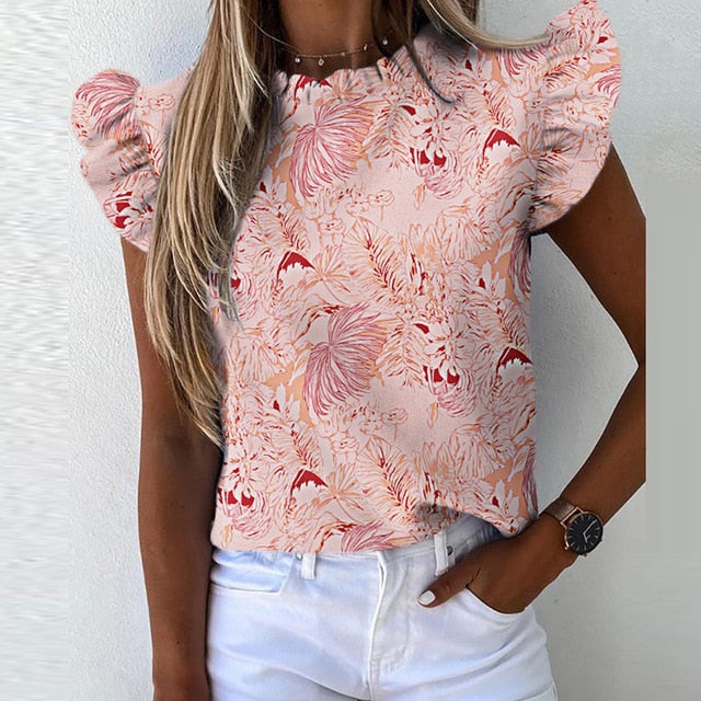 Elegant Pineapple Heart Print Ruffle blouse shirts Office Lady 2020 Summer Short Sleeve Slim Blouses women 3XL Casual O-neck top