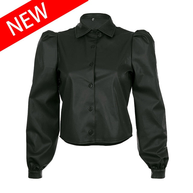 Waatfaak Autumn Leather Blouse Women Long Sleeve Puff Blouse Vintage Shirt Ladies 2019 Winter Casual Fashion Turn-down Collar