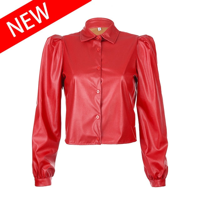 Waatfaak Autumn Leather Blouse Women Long Sleeve Puff Blouse Vintage Shirt Ladies 2019 Winter Casual Fashion Turn-down Collar