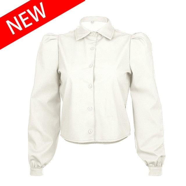 Waatfaak Autumn Leather Blouse Women Long Sleeve Puff Blouse Vintage Shirt Ladies 2019 Winter Casual Fashion Turn-down Collar