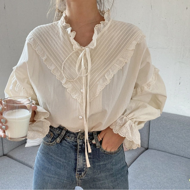 Alien Kitty 2020 New Arrival Hollow Out Vintage Elegant Tops Women Shirt Solid Long Sleeve Korean Style Loose Blouses Blusas