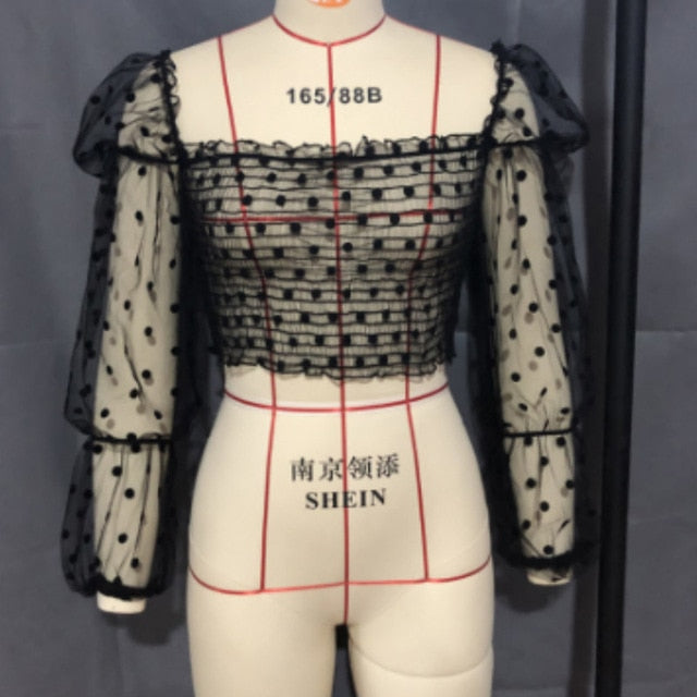 Women Square Neck Lace See-through Puff Sleeve Blouse High Street Beach Vacation Polka Dot  Elastic Top