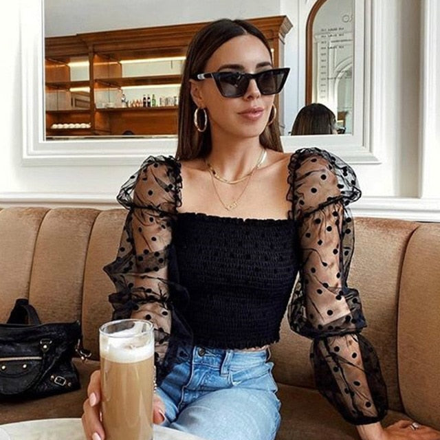Women Square Neck Lace See-through Puff Sleeve Blouse High Street Beach Vacation Polka Dot  Elastic Top