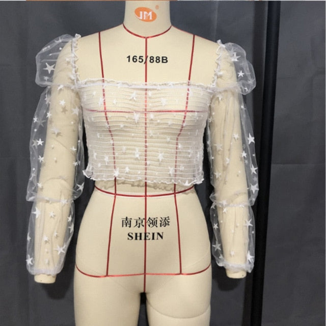 Women Square Neck Lace See-through Puff Sleeve Blouse High Street Beach Vacation Polka Dot  Elastic Top