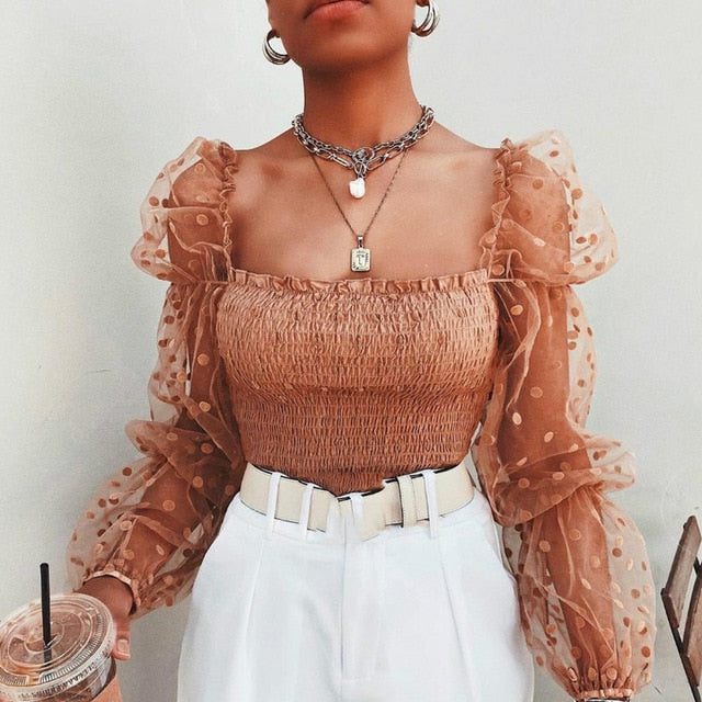 Women Square Neck Lace See-through Puff Sleeve Blouse High Street Beach Vacation Polka Dot  Elastic Top