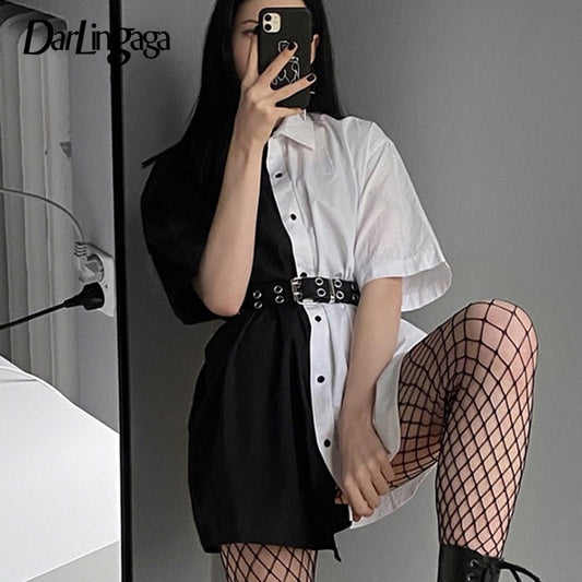 Darlingaga Streetwear Black White Long Blouse Shirt Patchwork Contrast Color 2020 Fashion Women Blouses Tops Loose Cardigan Sale