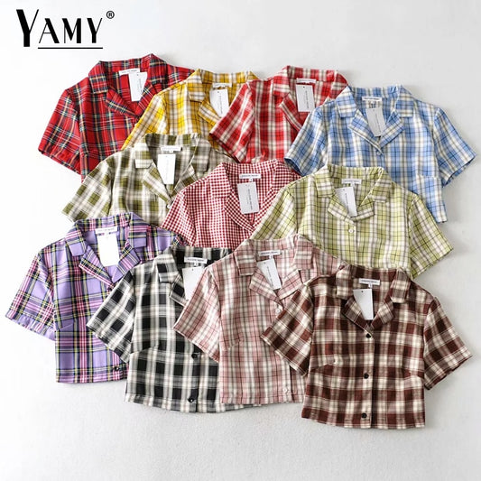 Summer blouse women vintage crop shirt streetwear plaid ladies tops elegant button up shirt korean crop top red 2020