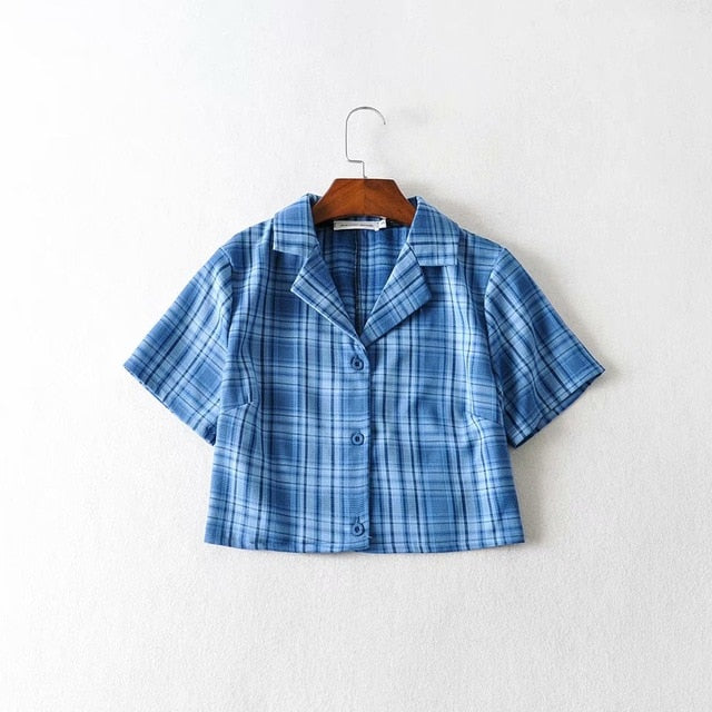 Summer blouse women vintage crop shirt streetwear plaid ladies tops elegant button up shirt korean crop top red 2020