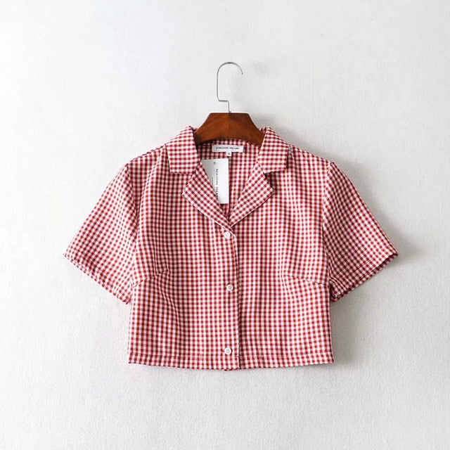 Summer blouse women vintage crop shirt streetwear plaid ladies tops elegant button up shirt korean crop top red 2020