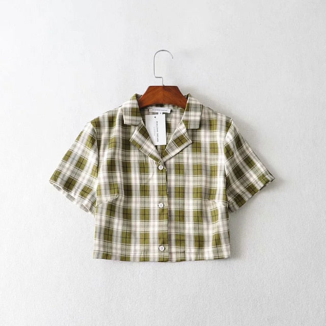Summer blouse women vintage crop shirt streetwear plaid ladies tops elegant button up shirt korean crop top red 2020
