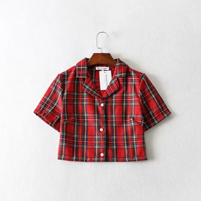 Summer blouse women vintage crop shirt streetwear plaid ladies tops elegant button up shirt korean crop top red 2020