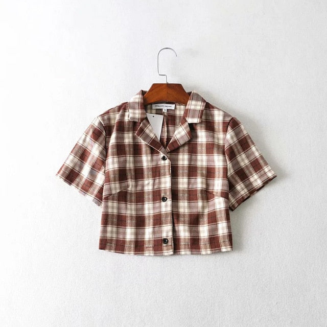 Summer blouse women vintage crop shirt streetwear plaid ladies tops elegant button up shirt korean crop top red 2020