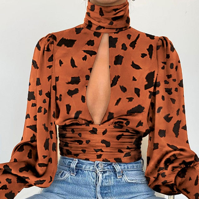 Leopard Turtleneck Satin Silk Women Blouse Sexy Hollow Out Backless Shirt Blouse Elegant Autumn Long Sleeve Pleated Top Blusa XL