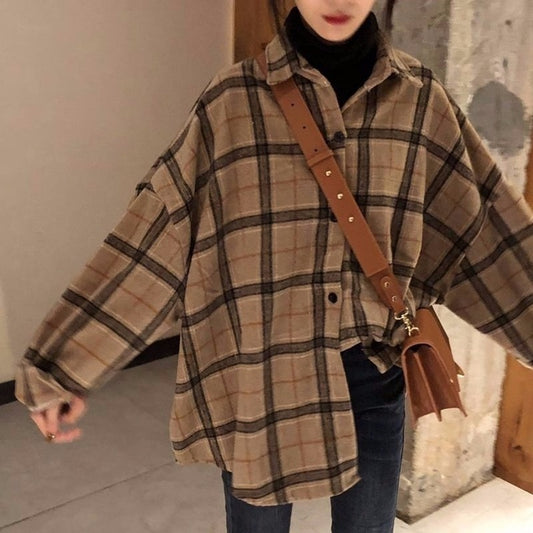 Spring and Autumn New Shirt Korea Original Wool Plaid Shirt Loose oversized Lapel Long Sleeve Jacket for Women