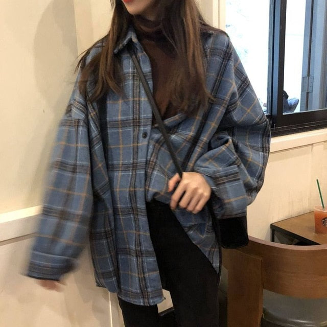 Spring and Autumn New Shirt Korea Original Wool Plaid Shirt Loose oversized Lapel Long Sleeve Jacket for Women