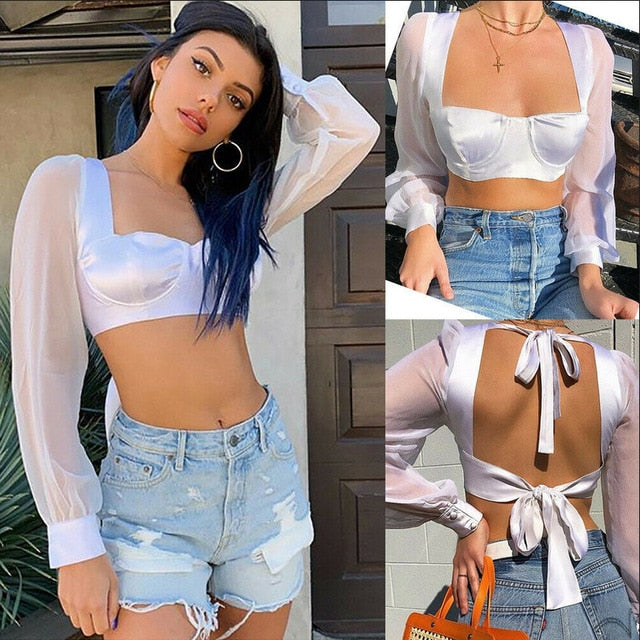 Shirts Women Blouse 2019 Female Fashion Long Puff Sleeve Solid Top Femme Casual Transparent Blusas Top Plus Size Womens Tunic