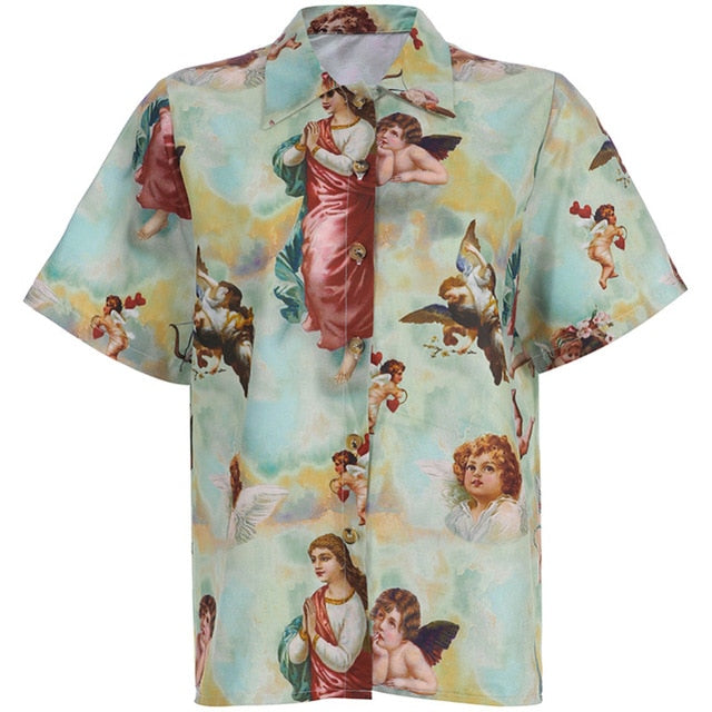 Vintage Aesthetic Cupid Angel Print Women' Blouse Shirt Cardigan Short Sleeve Summer Top Graphic Blouse Women Clothes 2019 New