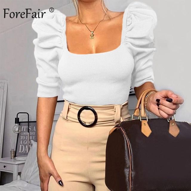 Forefair Vintage Puff Sleeve Women Blouse Square Neck Korean Style Tops Elegant Sexy White Black Slim Crop Blouse Women
