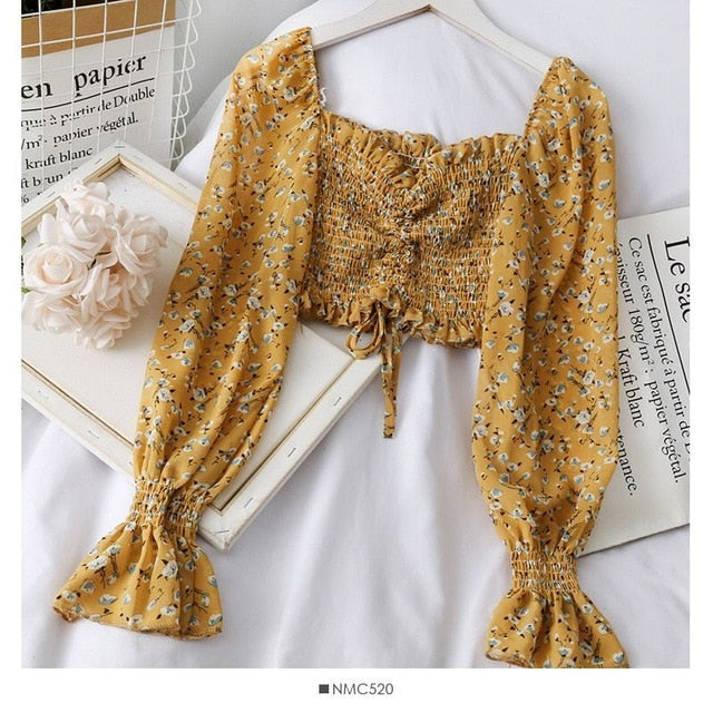 Yojoceli boho beach print blouses shirt women long sleeve ruffle short blouse tops female blusas