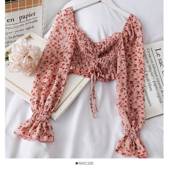 Yojoceli boho beach print blouses shirt women long sleeve ruffle short blouse tops female blusas