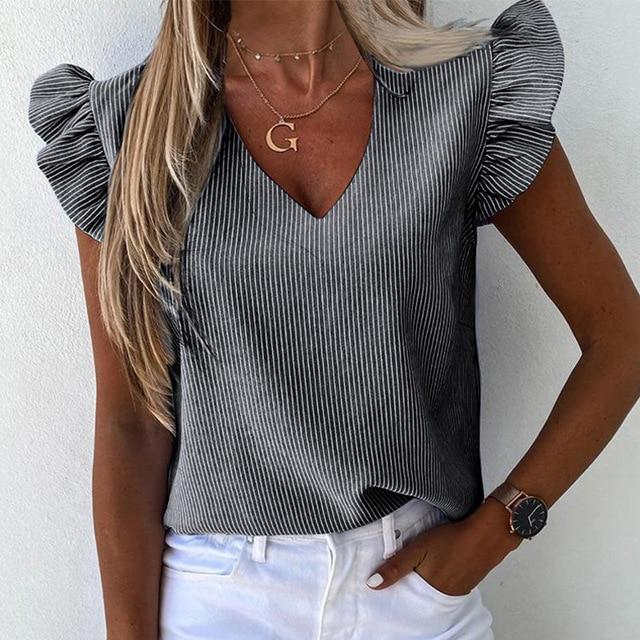 Striped Print V Neck Ruffle Blouse Shirt Women 2020 Summer Butterfly Sleeve Casual Shirts Elegant Button Office Lady Blouse Tops