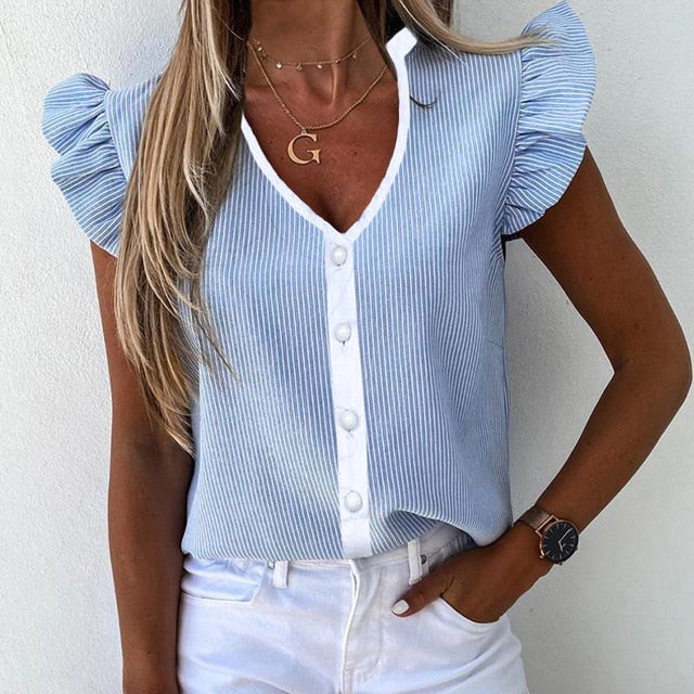 Women Pineapple Floral Print Ruffle Blouse 2020 Summer Butterfly Sleeve Shirt Elegant Office Lady O-Neck Tops Blusa Streetwear
