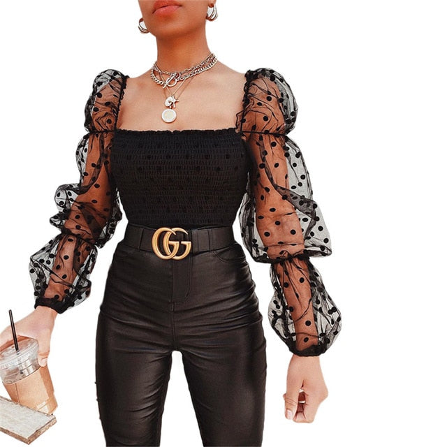 Women Square Collar Blouse 2020 New Arrival Female Summer Puff Ruffle Long Sleeve Shirt White Black Casual Ruched Blouse Tops