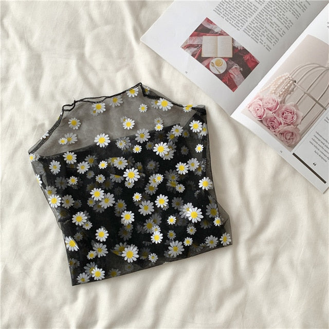 Summer Autumn Women Casual Mesh Pattern Daisy Flower Printed Blouse Tops Girls Mesh Shirts See Through Shirt For Female