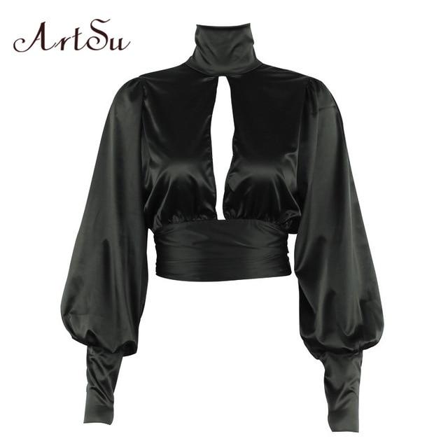 ArtSu Women Sexy Lace Up Bow Satin Blouse Turtleneck Shirt Backless Blouses Blusas Women Puff Sleeve Crop Top Spring ASBL30142
