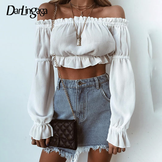 Darlingaga Fashion white chiffon blouse shirt off shoulder sexy crop tops ruffles pull sleeve autumn women's shirt 2020 blusas