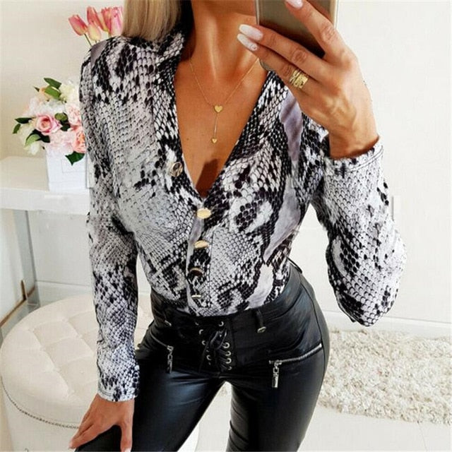 Women Long Sleeve V Neck Blouse Autumn Snake Skin Leopard Printing Tops Bodycon Blouse Slim Stretch Tops Blouses Female Blusas