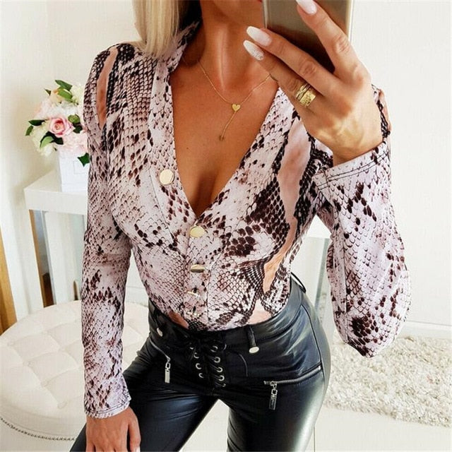 Women Long Sleeve V Neck Blouse Autumn Snake Skin Leopard Printing Tops Bodycon Blouse Slim Stretch Tops Blouses Female Blusas
