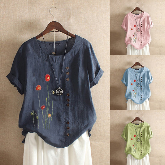 Vintage Women's Printed Blouse 2020 ZANZEA Elegant Summer Tee Shirts Button Cotton Blusa Female Short Sleeve Tunic Plus Size 5XL