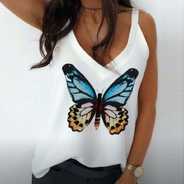 2020 Sexy V-Neck Sleeveless Blouse Shirt Women Elegant Flower Print Loose Tops Summer Lady Off Shoulder Plus Size Blusa Shirts