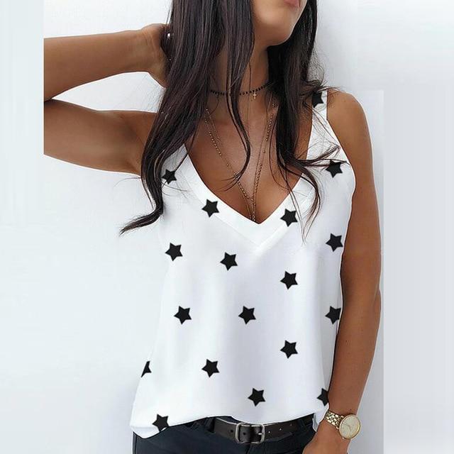 2020 Sexy V-Neck Sleeveless Blouse Shirt Women Elegant Flower Print Loose Tops Summer Lady Off Shoulder Plus Size Blusa Shirts