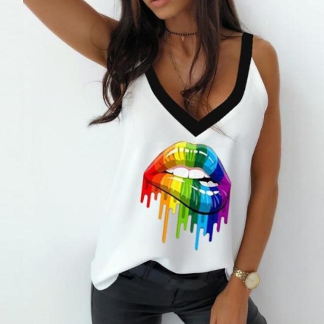2020 Sexy V-Neck Sleeveless Blouse Shirt Women Elegant Flower Print Loose Tops Summer Lady Off Shoulder Plus Size Blusa Shirts