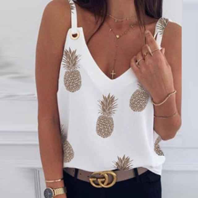 2020 Sexy V-Neck Sleeveless Blouse Shirt Women Elegant Flower Print Loose Tops Summer Lady Off Shoulder Plus Size Blusa Shirts