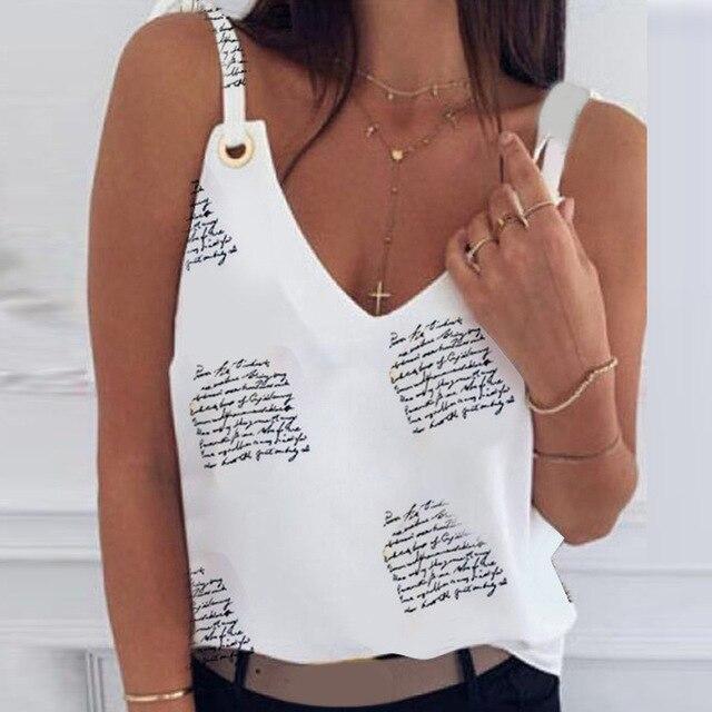2020 Sexy V-Neck Sleeveless Blouse Shirt Women Elegant Flower Print Loose Tops Summer Lady Off Shoulder Plus Size Blusa Shirts