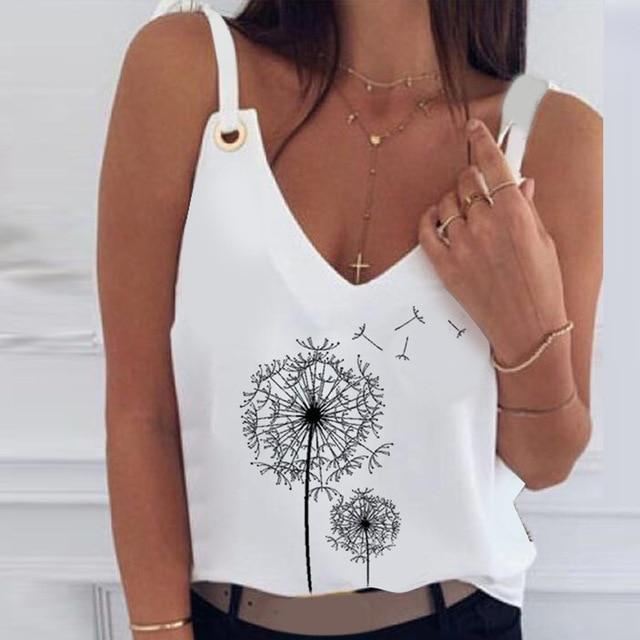 2020 Sexy V-Neck Sleeveless Blouse Shirt Women Elegant Flower Print Loose Tops Summer Lady Off Shoulder Plus Size Blusa Shirts