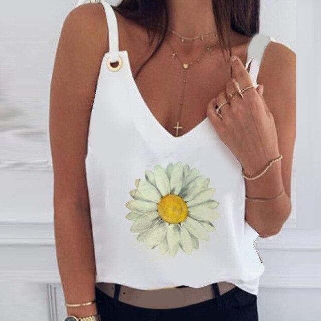 2020 Sexy V-Neck Sleeveless Blouse Shirt Women Elegant Flower Print Loose Tops Summer Lady Off Shoulder Plus Size Blusa Shirts