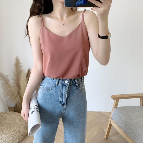 Korean Fashion Chiffon Women Tops Woman V Neck Blouse Top Summer Women Sleeveless Top Plus Size Blusas Mujer De Moda 2020 Blouse