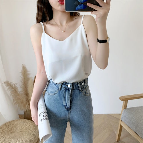 Korean Fashion Chiffon Women Tops Woman V Neck Blouse Top Summer Women Sleeveless Top Plus Size Blusas Mujer De Moda 2020 Blouse