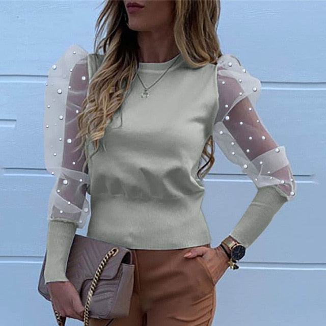 New Women Mesh Sheer Blouse See-through Puff Long Sleeve Blouse Fashion Pearl Transparent White Shirt Female Blusas Autumn Tops