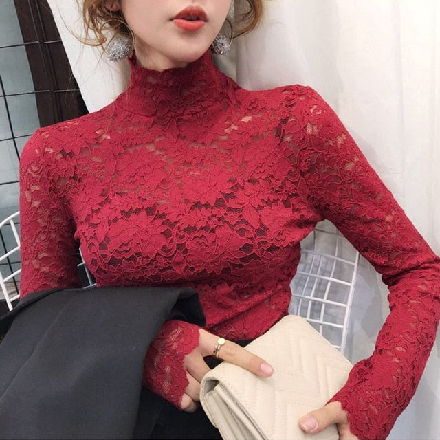 Plus Size Women Lace Blouses Shirts Sexy Hollow Out Long Sleeve Solid Blouse Lady Elegant Floral Embroidery Elastic Shirt Tops