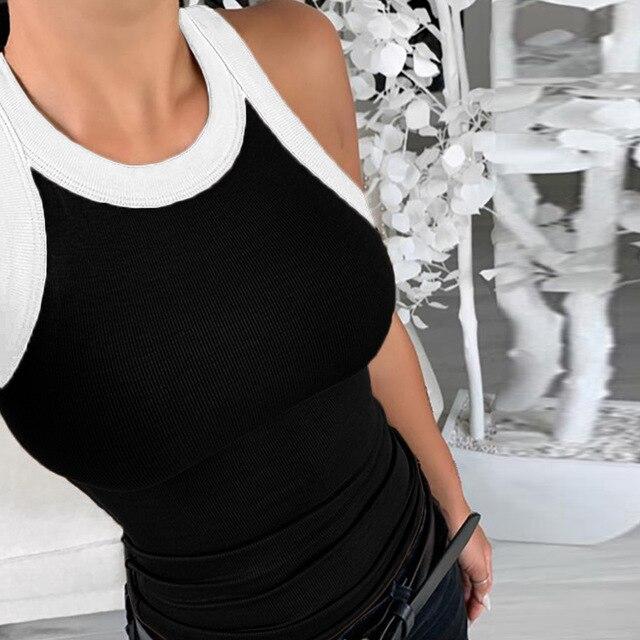 Summer Striped Print Sleeveless Knitted Blouse Shirts Hollow Out O Neck Womens Tops and Blouses Elegant Slim Fit Bodycon Blusas